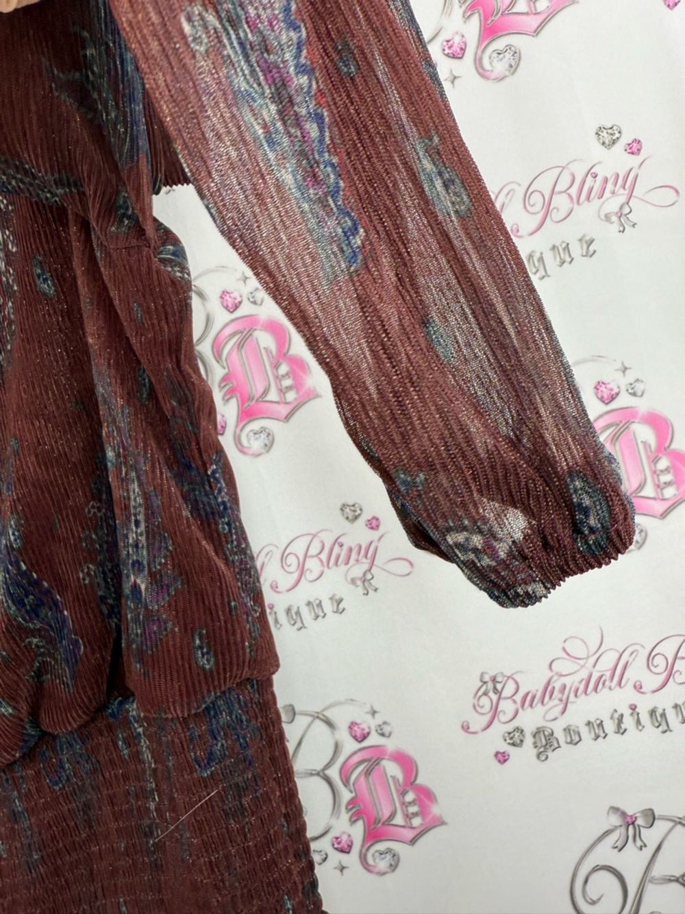 Joie blouse shiny style floral pleated Rust Paisley-Print Long-Sleeve Blouse - Picture 5 of 11